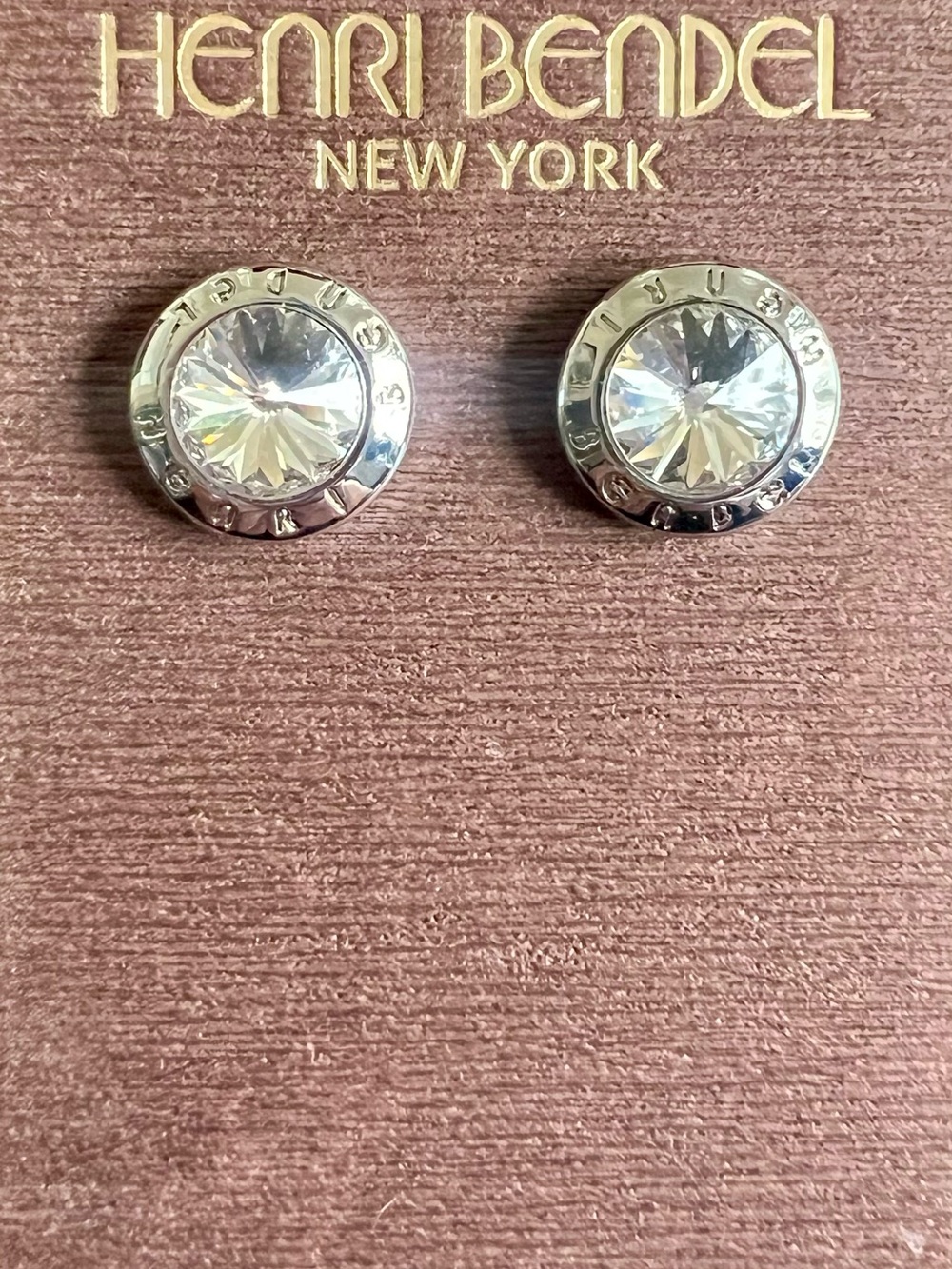 henri bendel Clear Crystal and Silver Logo Stud Earrings